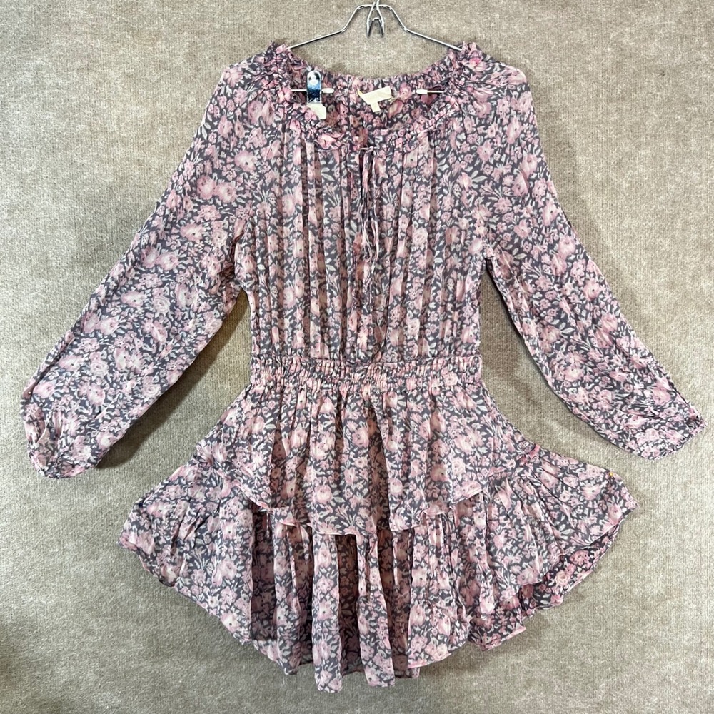 LoveShackFancy Floral Viscose Mini Dress Womens M Ruffle Tiered Pink Cottagecore